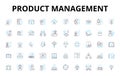 Product management linear icons set. strategy, roadmap, prioritization, ideation, analysis, development, launch vector