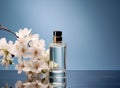 Product mock up design with blank cosmetics bottle with cherry blossom flowers