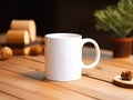 Product mock up display background with blank white mug on wooden table Royalty Free Stock Photo