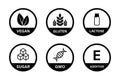 Product nutrition signs collection. Gluten, vegan, sugar, gmo, lacotose organic sign. Allergy product symbol collection. Stock