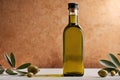 Product packaging mockup photo of bottle of olive oil, studio advertising photoshoot