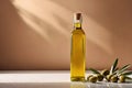 Product packaging mockup photo of bottle of olive oil, studio advertising photoshoot