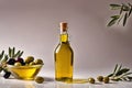 Product packaging mockup photo of bottle of olive oil, studio advertising photoshoot