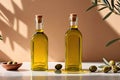 Product packaging mockup photo of bottle of olive oil, studio advertising photoshoot