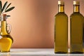 Product packaging mockup photo of bottle of olive oil, studio advertising photoshoot