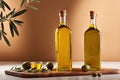 Product packaging mockup photo of bottle of olive oil, studio advertising photoshoot