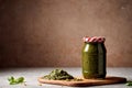 Product packaging mockup photo of Jar of pesto sauce, studio advertising photoshoot Royalty Free Stock Photo