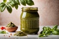 Product packaging mockup photo of Jar of pesto sauce, studio advertising photoshoot Royalty Free Stock Photo