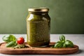 Product packaging mockup photo of Jar of pesto sauce, studio advertising photoshoot Royalty Free Stock Photo