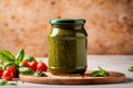 Product packaging mockup photo of Jar of pesto sauce, studio advertising photoshoot Royalty Free Stock Photo