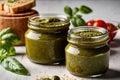 Product packaging mockup photo of Jar of pesto sauce, studio advertising photoshoot