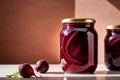 Product packaging mockup photo of jar of pickled beets, studio advertising photoshoot