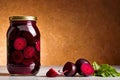 Product packaging mockup photo of jar of pickled beets, studio advertising photoshoot