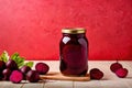 Product packaging mockup photo of jar of pickled beets, studio advertising photoshoot