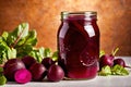 Product packaging mockup photo of jar of pickled beets, studio advertising photoshoot