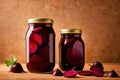 Product packaging mockup photo of jar of pickled beets, studio advertising photoshoot