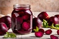 Product packaging mockup photo of jar of pickled beets, studio advertising photoshoot