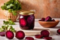 Product packaging mockup photo of jar of pickled beets, studio advertising photoshoot