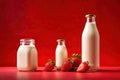 Product packaging mockup photo of Milk or yogurt in a bottle red strawberry. , studio advertising photoshoot Royalty Free Stock Photo