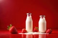 Product packaging mockup photo of Milk or yogurt in a bottle red strawberry. , studio advertising photoshoot Royalty Free Stock Photo