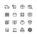 Product packing line icons. Box warehousing outline vector symbols