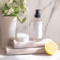 Product perfection Beauty spa essentials on white marble with freshness Royalty Free Stock Photo