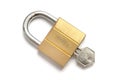 A product photo taken on a hardened padlock with one key inserted