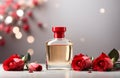 Product photography, red blank parfume bottle and red roses card, banner design Royalty Free Stock Photo