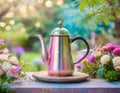 a product podium adorned with a delicate metallic kettle