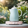 a product podium adorned with a delicate metallic kettle inspired by Dieter Rams, set amidst a garden scene with soft pastel