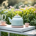 a product podium adorned with a delicate metallic kettle inspired by Dieter Rams, set amidst a garden scene with soft pastel