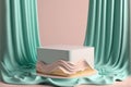 Product podium, pastel colors and curtain. Product presentation stand