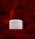 Product presentation scene. White blank cosmetic creme jar mock up. Christmas podium showcase, red gift box. 3d