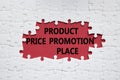 Product Price Promotion Place symbol. White puzzle with words Product Price Promotion Place. Beautiful red background. Business