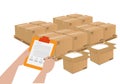 Product quality inspector With clipboard, check for stock quality report, quality control of cardboard packaging boxes before