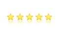 Product ratings, five stars or golden star, quality rating, feedback, premium icon flat logo in yellow on isolated white