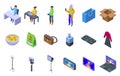 Product review blogger icons set isometric vector. Channel social theme