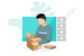 Product review live stream blog channel. Blogger man parcel unpacking content on online video player interface. Vlogger