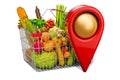 Product Shop location concept. Map pointer with shopping basket full of grocery products, 3D rendering