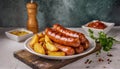 Delicious grilled german bratwurst sausages and fried potatoes food photography Royalty Free Stock Photo