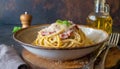 Plate of delicious spaghetti carbonara rustic italian restaurant food photography