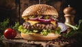 product shot of a juicy burger, artisan, rustic, food photography, delicious, close up shot