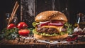 product shot of a juicy burger, artisan, rustic, food photography, delicious, close up shot