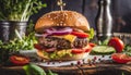 product shot of a juicy burger, artisan, rustic, food photography, delicious, close up shot