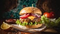 product shot of a juicy burger, artisan, rustic, food photography, delicious, close up shot