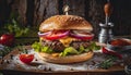 product shot of a juicy burger, artisan, rustic, food photography, delicious, close up shot