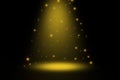 Product showcase or display with spotlight. Black studio room background with a gold spotlight and particles