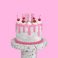 Product Stage and Abstract Birthday Cartoon Dessert Cherry Cake with Candles. 3d Rendering Royalty Free Stock Photo