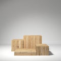 Product stand, Wooden boxes stage on white background. 3d render