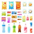 Product for vending. Tasty snacks sandwich biscuit candy chocolate drinks juice beverages pack retail, set flat vector Royalty Free Stock Photo